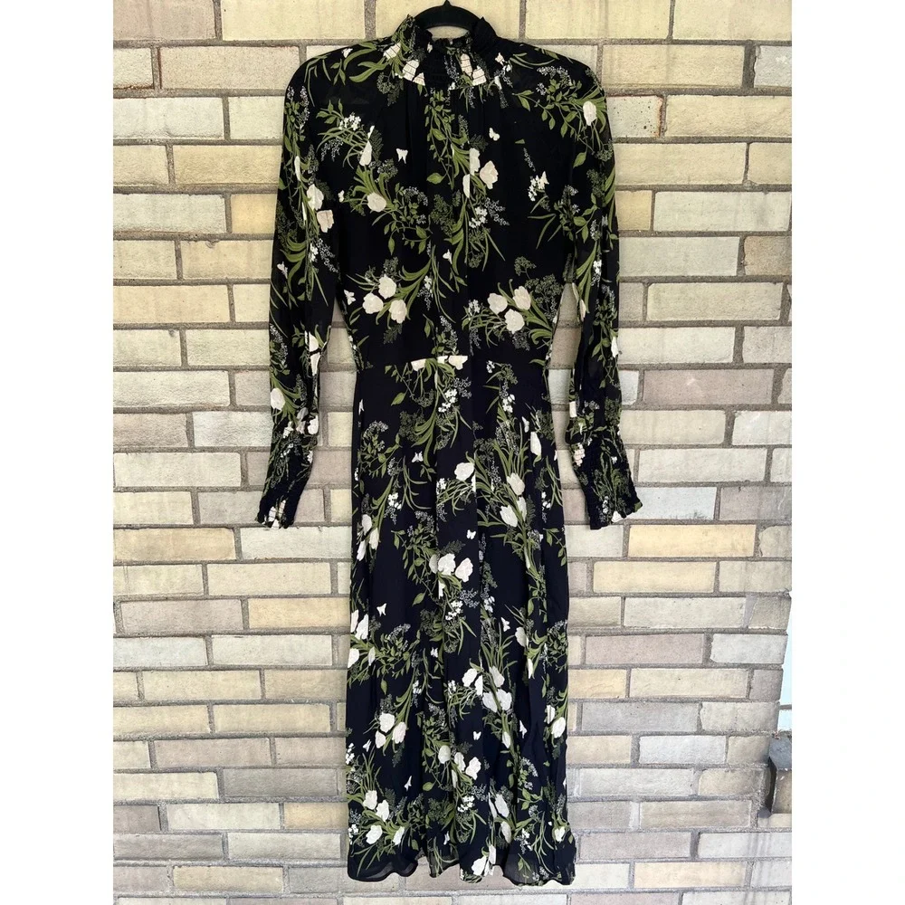 Reformation Valentin Midi Dress Black Floral Smocked High Neck Size Small 4 - Picture 2 of 8